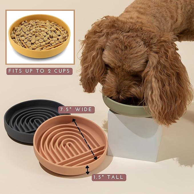 The Slowdown Bowl Silicone Slow Feeder for Dogs & Puppies, Slow Eating, Modern Lick Mat Design, Reduces Gulping, Fits 2 Cups 7.5” Across x 1.5” Tall, Mealtime Challenge, Medium-Blush