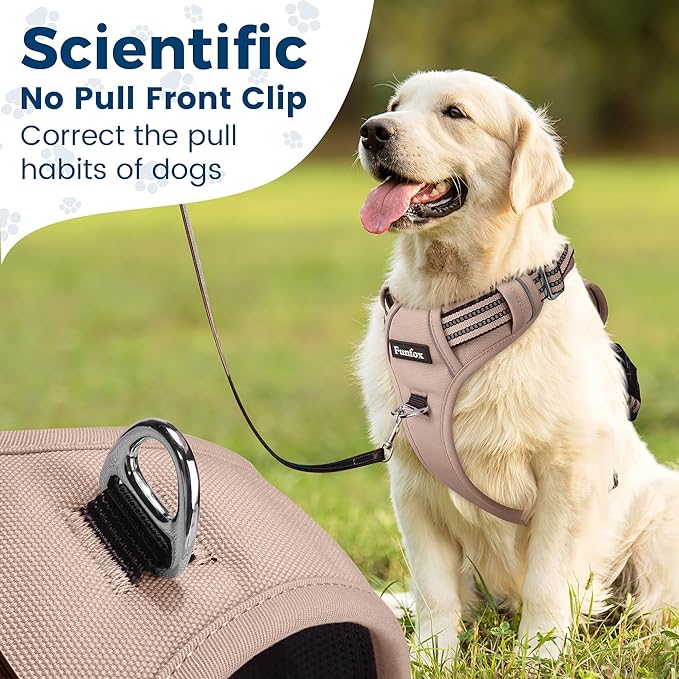 Funfox Dog Harness No Pull, Adjustable Pet Vest Harness, Super Soft Material with Vertical Handle Easy Control, Reflective Night Walking, 2 Leash Clips for Small Sized Dogs, Brown, S