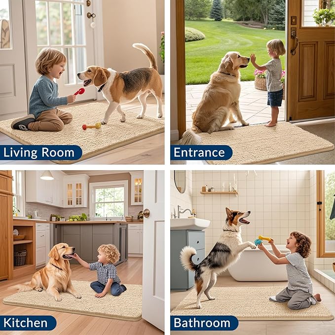 Smiry Dog Door Mat for Muddy Paws 24x16, Absorbs Moisture and Dirt Doormat, Non-Slip Washable Quick Dry Chenille Front Door Mat Indoor Entrance, Entryway Carpet for Inside Floor, Beige