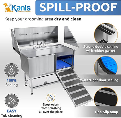 KANIS Professional Dog Washing Station - 304 Stainless Steel Pet Wash Sink & Grooming Bath Tub for Home with Ramp, Shower, Floor Grate, Storage Shelf, Faucet, Drain Kit for Large, Medium & Small Pets