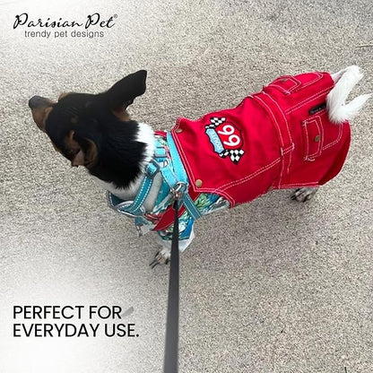 Parisian Pet Denim Overall w/ Embroidered Route 66 ' Red Dog Jumpsuit - Breathable, Machine Washable Dog Outfit - Large Dog, 2XL