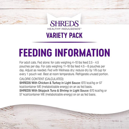Wellness Healthy Indulgence Shreds Adult Wet Cat Food, Natural, Protein-Rich, Grain Free, 3 Ounce Pouch, 8 Pack, (Shreds Variety Pack)