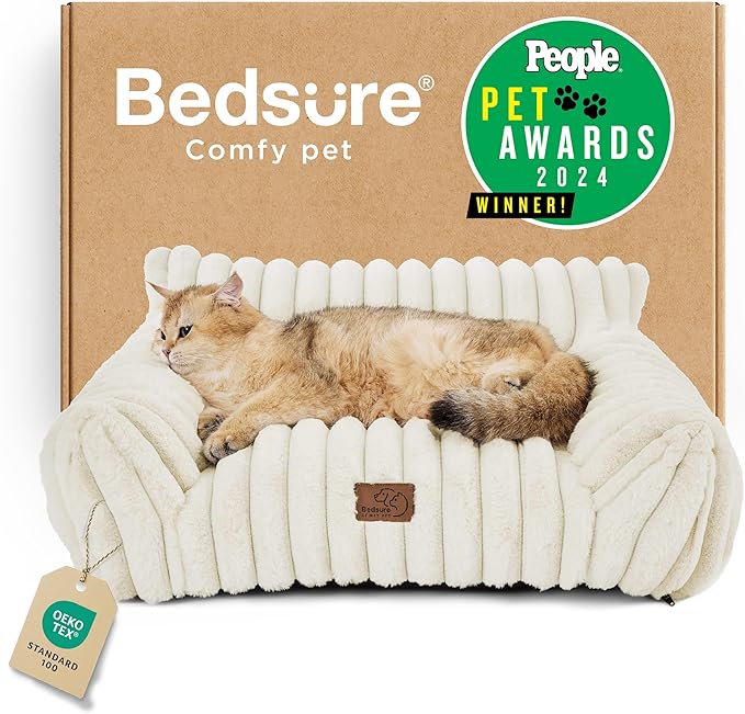 Bedsure Cute Cat Couch for Pets - Fluffy Cat beds with Premium Soft Corduroy Fleece, Fuzzy Cats beds for Indoor Cats with Removable Washable Cover, Supportive Pet Sofa, 24inch, Cream