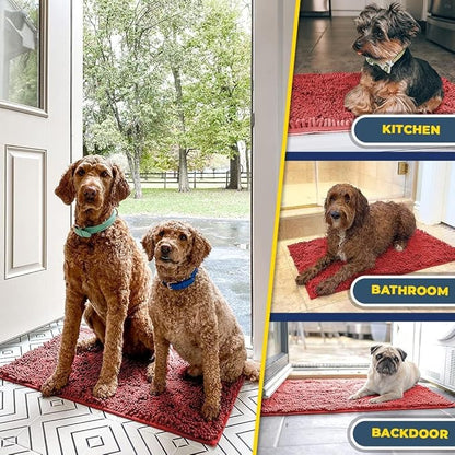 Muddy Mat® Pack of 3 Highly Absorbent Microfiber Dog Door Mat and Pet Rug, Non Slip Thick Washable Area Mat Soft Chenille for Kitchen Bathroom Bedroom and Outdoor - Red Small, Medium & Large