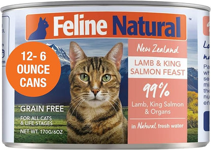 Feline Natural New Zealand Canned Catfood Wet Food, High-Meat, Low-Carb, & Grain Free Cat Food Wet, Lamb & Salmon Feast, 6 oz, Pack of 12