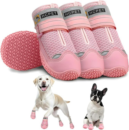 Hcpet Dog Shoes for Large Dogs, Breathable Dog Booties for Small Medium Dogs, Anti-Slip Dog Boots & Paw Protectors for Hot Pavement Winter Snow Hiking with Reflective Straps Pink Size 4