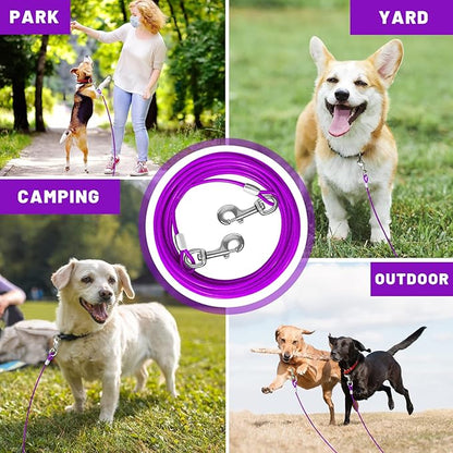 Dog Tie Out Cable 10/15/20/25/30 FT Runner for Yard Steel Wire Cable with Durable Superior Clips Purple Chains for Outside Dog Lead for Large Up to 165 Lbs