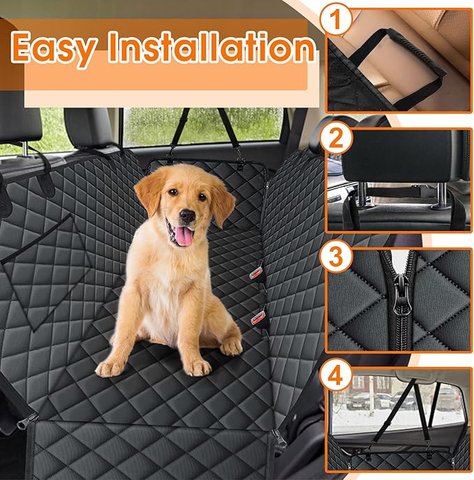 Waterproof Dog Car Seat Cover for Back Seat - Durable, Scratch Proof Pet Hammock with Nonslip Design & Storage Pockets, Fits Cars, SUVs, Trucks - L, Black