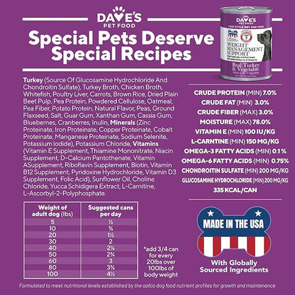 Dave's Pet Food Weight Management Dog Food (Turkey & Vegetables), Made in USA, Weight Loss, Soft, Canned Wet, 13.2oz (12 Pack)