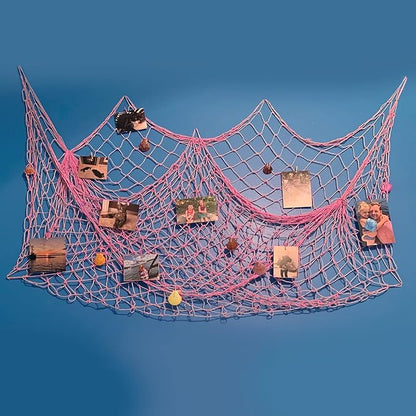 Nature Fish Net Wall Decoration with Shells, Ocean Themed Wall Hangings Fishing Net Party Decor for Pirate Party,Wedding,Photographing Decoration (Pink)