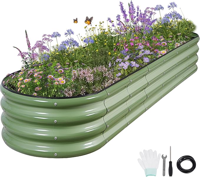 Galvanized Raised Garden Bed - 8x2x1FT Metal Planter Boxes Outdoor | Oval Steel Raised Bed Kit for Gardening with Protective Tape, Bracing Rods, Gloves for Vegetables, Flower, Herb (Green)