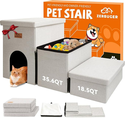 Dog Stairs with Condo 18" H, 3-Step Wider Dog Steps for High Beds Couch, Folding Storage Pet Stairs Gift for Small/Medium/Large Old Dogs Cats, Ramp for Climbing Car Up to 200 lbs, Beige