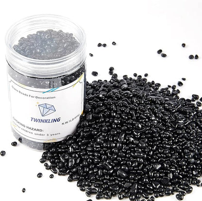 TWINKLING High Luster Round Fire Glass Stones, Marbles, Pebbles, Beads Gems for Fire Pit Vase Fillers Crafts Aquarium Garden Decoration, 3-6mm, 1-Pound Jar (Black)