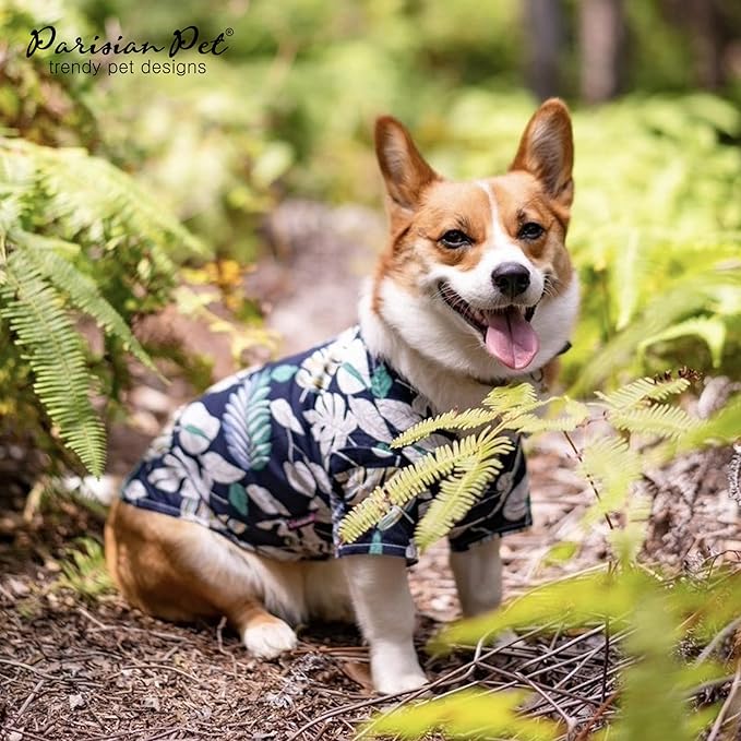 Parisian Pet Palm Leaves Dog Shirt - 100%Cotton Summer Clothes - Stylish Beach Outfit - Hook and Loop Closure - Machine Washable for Medium Dogs - M