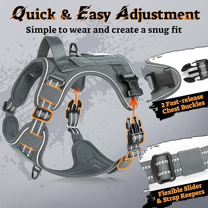 rabbitgoo Dog Harness for Large Dogs No Pull, Tactical Service Pet Vest with Molle and Control Handle, Adjustable and Reflective Military Harness for Easy Walking and Training, Grey, XL