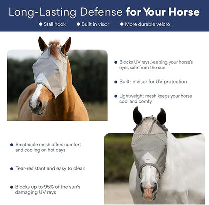 Plus-Size Horse Mask Without Ears | 95% UV Eye Protection | Built-in Visor | Breathable, Lightweight Mask | Adjustable Fit for Comfort Horse (Large Size)