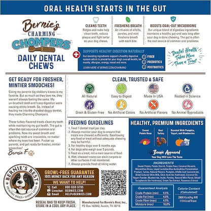 Bernie's Charming Chompers - Daily Dental Chews for Dogs 50-100 Lbs. - 12 Count - Cleans Teeth, Freshens Breath, + Boosts Oral-Gut Microbiome. Easy to Digest, Supports Healthy Digestion Naturally