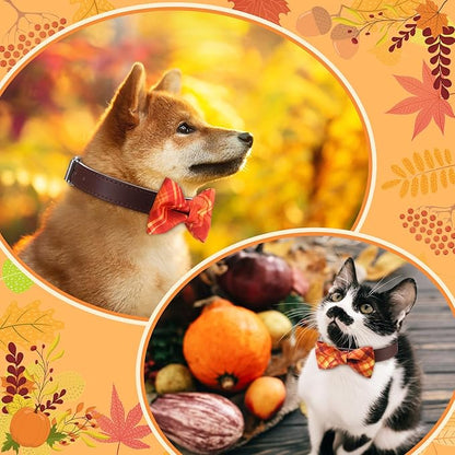 Hillban 50 Pcs Fall Collar Dogs Bow Ties Autumn Plaid Dogs Collar Accessories for Pets Bow Ties Attachment with Elastic Bands Detachable Charms for Doggie Fall Autumn Costume