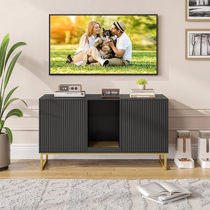 Litter Box Enclosure for 2 Cats, Fluted Hidden Cat Litter Box Furniture with Scratch Pad and Metal Legs, Modern Double Room Kitty House for Living Room, Washroom, 47.2”L x 17.7”W x 25.9”H, Black