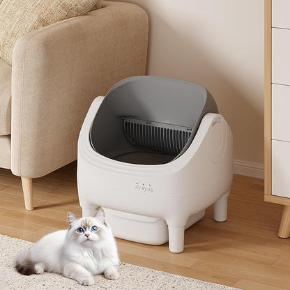 Greesum Automatic Self-Cleaning Litter Box for Cats - Open-Top Design, Easy Odor Control, Smart APP Control, 15L Large Waste Bin, Includes Trash Bags & Mat (Grey)