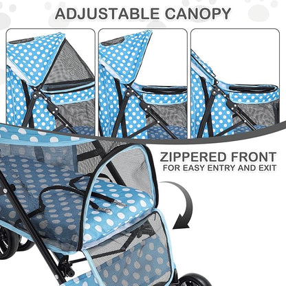 MoNiBloom 4 Wheels Pet Stroller, Easy-Fold Umbrella Shaped Dog Cat Jogger Stroller w/Storage Bag & Visible Mesh for Small/Medium Dogs Cats Sky Blue Polka Dots