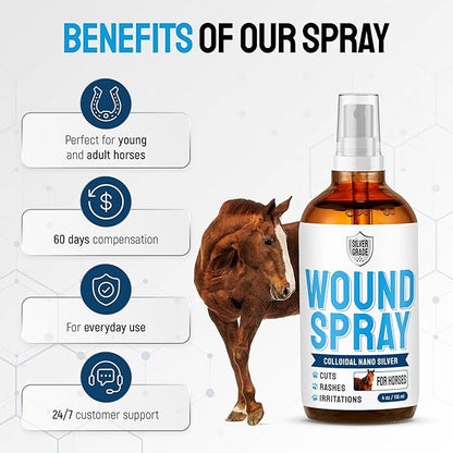 Horse Wound Care Spray with Silver – Wounds, Scratches, Cuts, Abrasions, Itching, Hot Spots, Skin Irritation – First Aid Solution and Breeds – 4 Oz