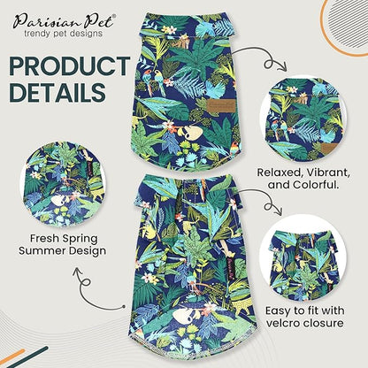 Parisian Pet Unisex Amazonia Shirt - Leafy Dog Beach Outfit - Cotton Summer Clothes - Stylish Hook and Loop Closure - Machine Washable for Medium-Sized Dogs - M