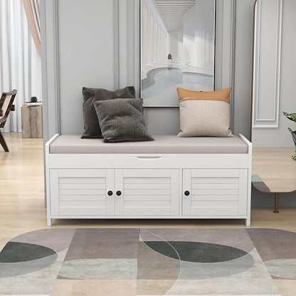 Storage Bench with 3 Shutter-Shaped Doors, Pine Wood Shoe Bench with Removable Cushion and Hidden Storage Space for Living Room, Entryway 43.5" L x 16" W x 18" H (White)
