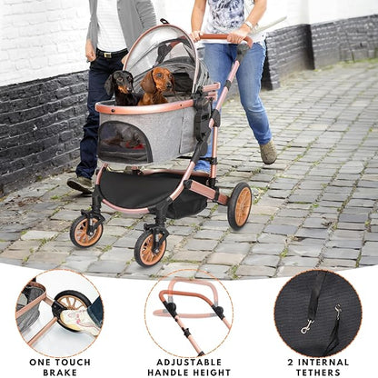 Pet Stroller with 4 Wheels, Foldable Pet Travel Carrier for Small/Medium Dogs Cats up to 50lbs, Detachble Portable Pet Bag, Storage Basket, Car Seat 3 in 1 Multifunctional (Grey)