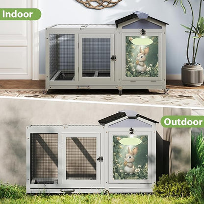 COZIWOW 38.5inches Durable Wooden Rabbit Cage Indoor，Wide Space Small Animal House with Removable Tray&Safety Lock，Rubbit Hutch with Waterproof Roof&Solar Panels (Grey with Pattern)