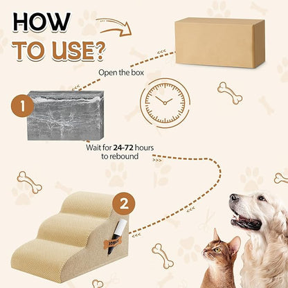 Romrol Dog Stairs Ramp for Beds Couches, Extra Wide Pet Steps with Durable Non-Slip Waterproof Fabric Cover, Dog Slope Stairs for Small Dogs and Cats or Pets Friendly, 3-Tiers, 13 Inch,Beige