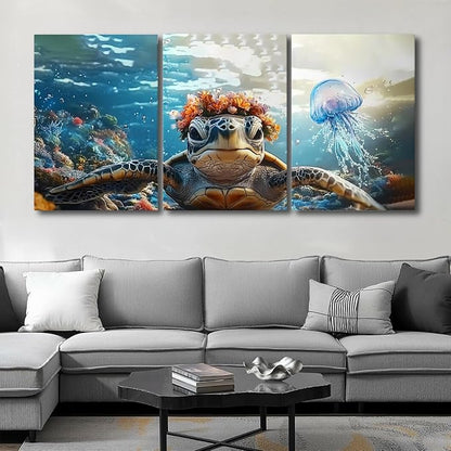 Wivsev Sea Turtle Canvas Wall Art,Under Sea Wall Art,Sea Life Pictures Wall Decor,Ocean Animal Painting for Bathroom,Living Room,Bedroom (12" x 18" x 3 pcs)