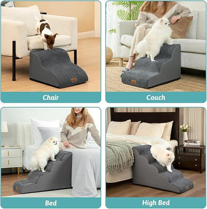 Dog Stairs for Small Dogs 19.7" H, Curved Dog Step for Puppy, Older or Cat, Medium Pet Ramp for Sofa, Couch or Bed, Ladder with High Density Foam, 15.7x28.3x19.7 inch, 4 Step, Dark Grey