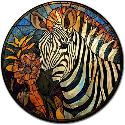 Lygond Metal Sign Tin Sign Circular Stained Glass Zebra Boho Office Decor for Gift 8×8 Inches