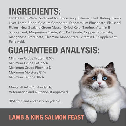 Feline Natural New Zealand Canned Catfood Wet Food, High-Meat, Low-Carb, & Grain Free Cat Food Wet, Lamb & Salmon Feast, 6 oz, Pack of 12