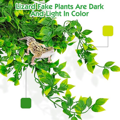 Hamiledyi Reptile Plants, 4 Pack Fake Amphibian Plants, Artificial Leaves Habitat Decorations with Suction Cup for Bearded Dragon Lizard Geckos Chameleon