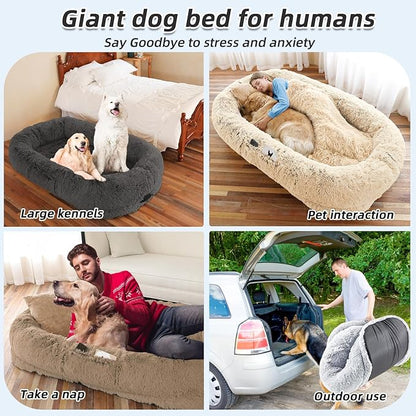 Human Dog Bed, 71''x45''x12'' Size Fits You and Pets, Washable Faux Fur Pet Bed for People Doze Off, Napping Orthopedic Dog Bed, Present Plump Pillow, Blanket, Strap - Pink