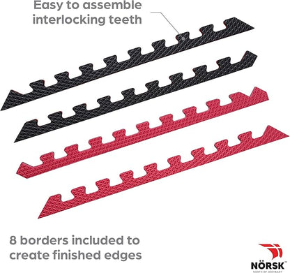 Norsk Reversible Gym Exercise Mats 3/4" Thick EVA Interlocking Foam Tiles, Perfect Gym Flooring for Home Gym, 12 24"x24" Tiles & 24 Trim Pieces, 48 Sq. Ft. Reversible, Red/Black