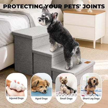 Wider Dog Stairs with Storage 18" H, 3-Step Sturdy Dog Steps for Large/Medium/Small Older Dogs Cats, Folding Pet Stairs Climbing Bed or Couch, Ramp for Car Up to 200 lbs (Gray, No Condo)