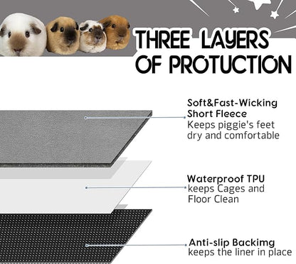Guinea Pig Cage Liner, 2 Pack - Washable, Reusable, Leakproof Fleece Bedding Pads for Small Animals with Anti-Slip Bottom - for C&C 2X4 Area, Gray