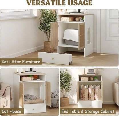 Cat Litter Box Enclosure Furniture Hidden - Indoor 3-in-1 Wooden Cat House & Washroom Cabinet with Scratching Board Doors, Shelf and Feeder Bowls, 23.6”x17.7”x32.7”H