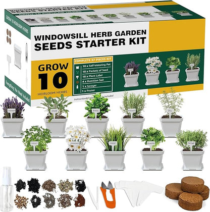 10 Herb Seeds Garden Starter Grow Kit with White Pots, Markers, Nutritional Soil, Watering, Herb Clipper, Complete Indoor Potted Plant Growing Set for Kitchen DIY