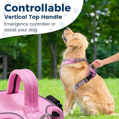 Funfox Dog Harness No Pull, Adjustable Pet Vest Harness, Super Soft Material with Vertical Handle Easy Control, Reflective Night Walking, 2 Leash Clips for Small Sized Dogs, Pink, S