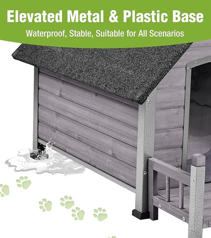 GUTINNEEN Dog House Outdoor Weatherproof with Porch, Puppy Shelter Indoor with Anti-Bite Design, PVC Curtain, Asphalt Roof, Elevated Waterproof Base, for Small to Medium Dogs - Grey