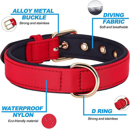 Didog Soft Padded Dog Collars for Medium Dogs, Lightweight and Breathable Dog Collar with Metal Buckle, Red, L