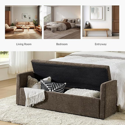 HULALA HOME Modern Storage Bench with Throw Pillows, 59.4" Extra Long Bedroom Ottoman Bench for End of Bed, Comfy Upholstered Footstool for Entryway Living Room Dining Room, Taupe