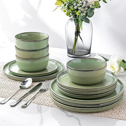 GBHOME Ceramic Dinnerware Sets for 6, 18 Pieces Stoneware Plates and Bowls Sets, Scratch Resistant Dishes, Dishwasher & Microwave Safe-Pastel Green
