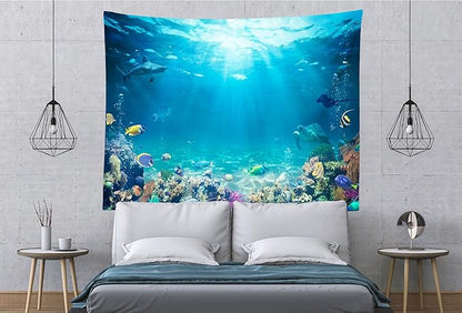 Underwater World Tapestry Blue Ocean Wall Hanging Under the Sea Coral Reef Wall Tapestry Tropical Fish Tank Undersea Tapestries Marine Wall Art for Bedroom Living Room Dorm Decor 118''x98''