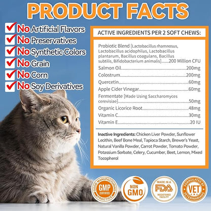 Cat Allergy Relief Chews 200 pcs - Cat Itchy Skin & Paw Licking Relief - Omega 3 & Probiotic for Cats - Anti-Itch Relief for Skin & Coat Health, Immune Support, Seasonal Allergies - Chicken Flavor