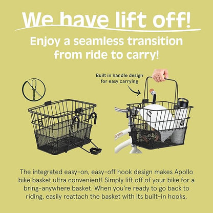 Retrospec Apollo Detachable Front Bike Basket Steel Half-Mesh with Integrated Detachable Hooks and Built-In Handle, Easy Assembly and Portability for Bicycles